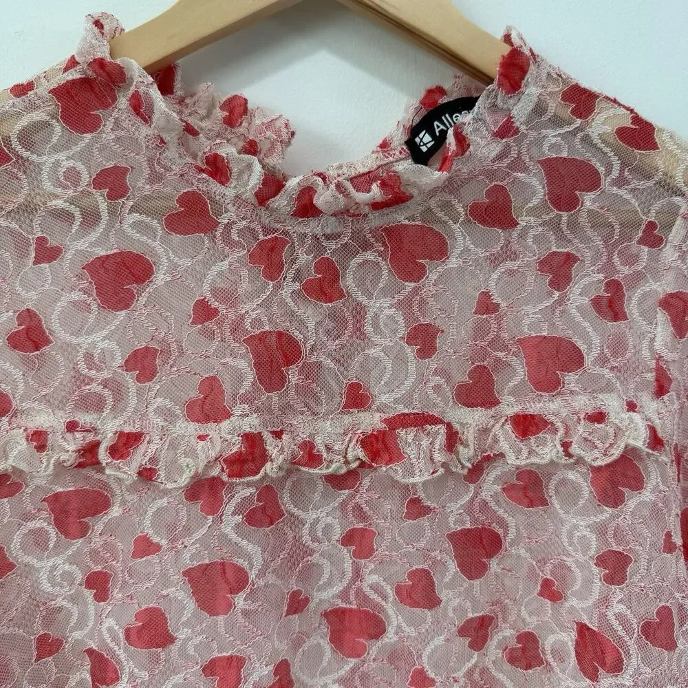 Fairy Heart Ruffle Mock Neck Sheer Mesh Lace Top Sz XL Cottage Prairie Romantic - Picture 6 of 12